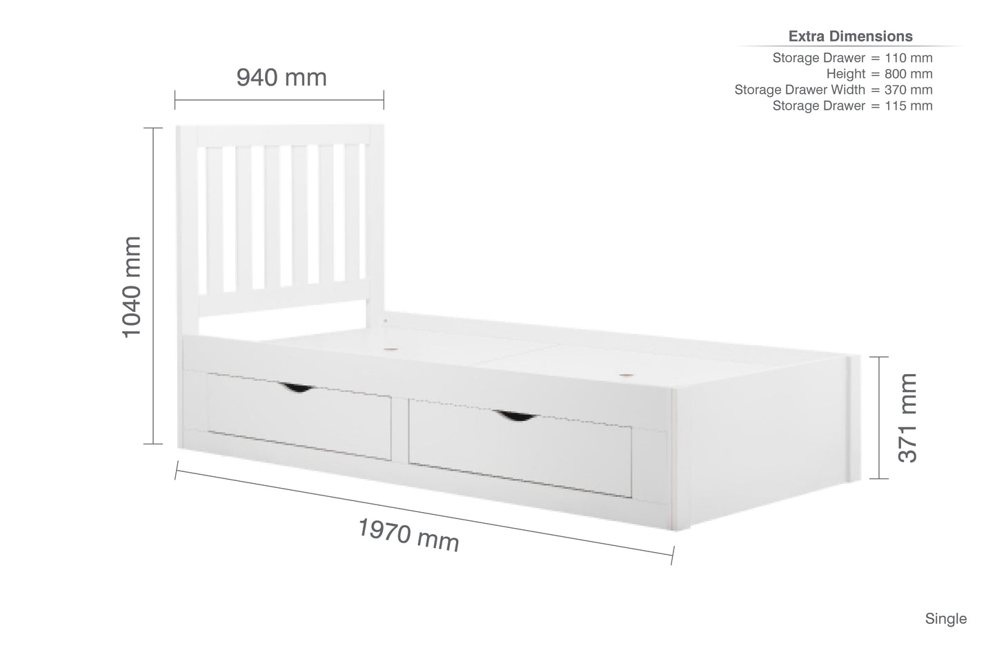 Appleby White 4 Draw Storage Wooden Single Bed
