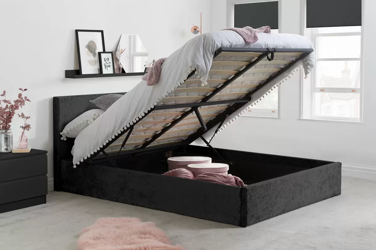 Bonn Berlin Black Crush Velvet Ottoman Double Bed