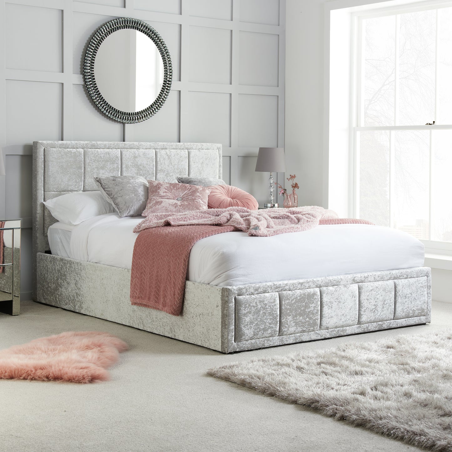 Hannover Steel Crushed Velvet Small Double Ottoman Bed