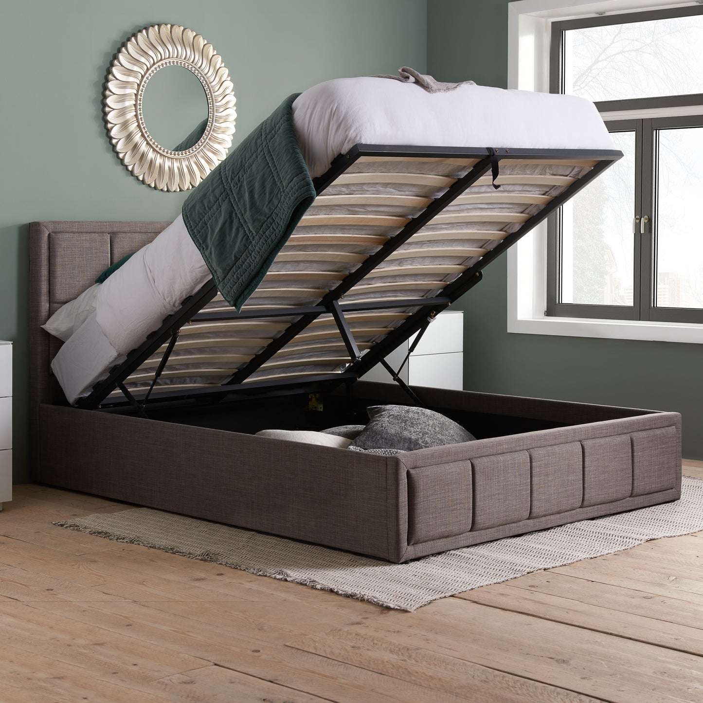 Hannover Grey Fabric King Ottoman Bed
