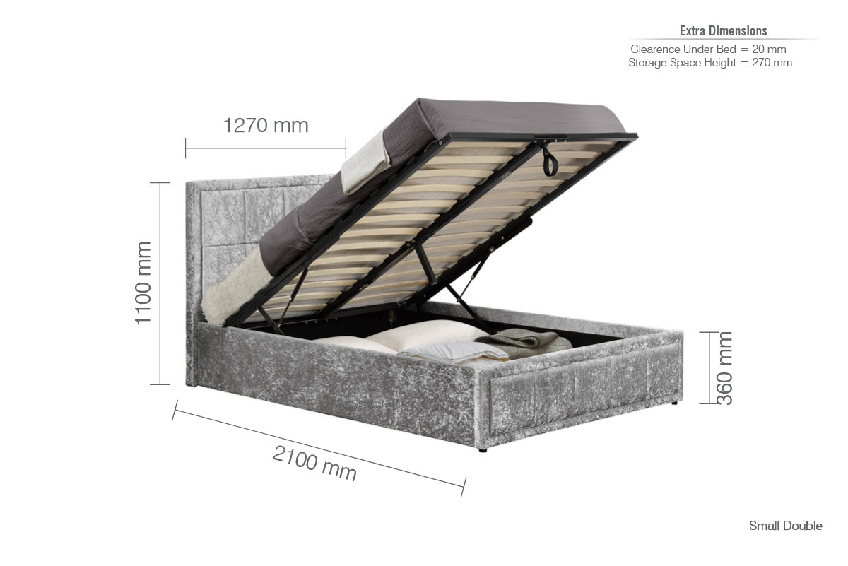Hannover Steel Crushed Velvet Small Double Ottoman Bed