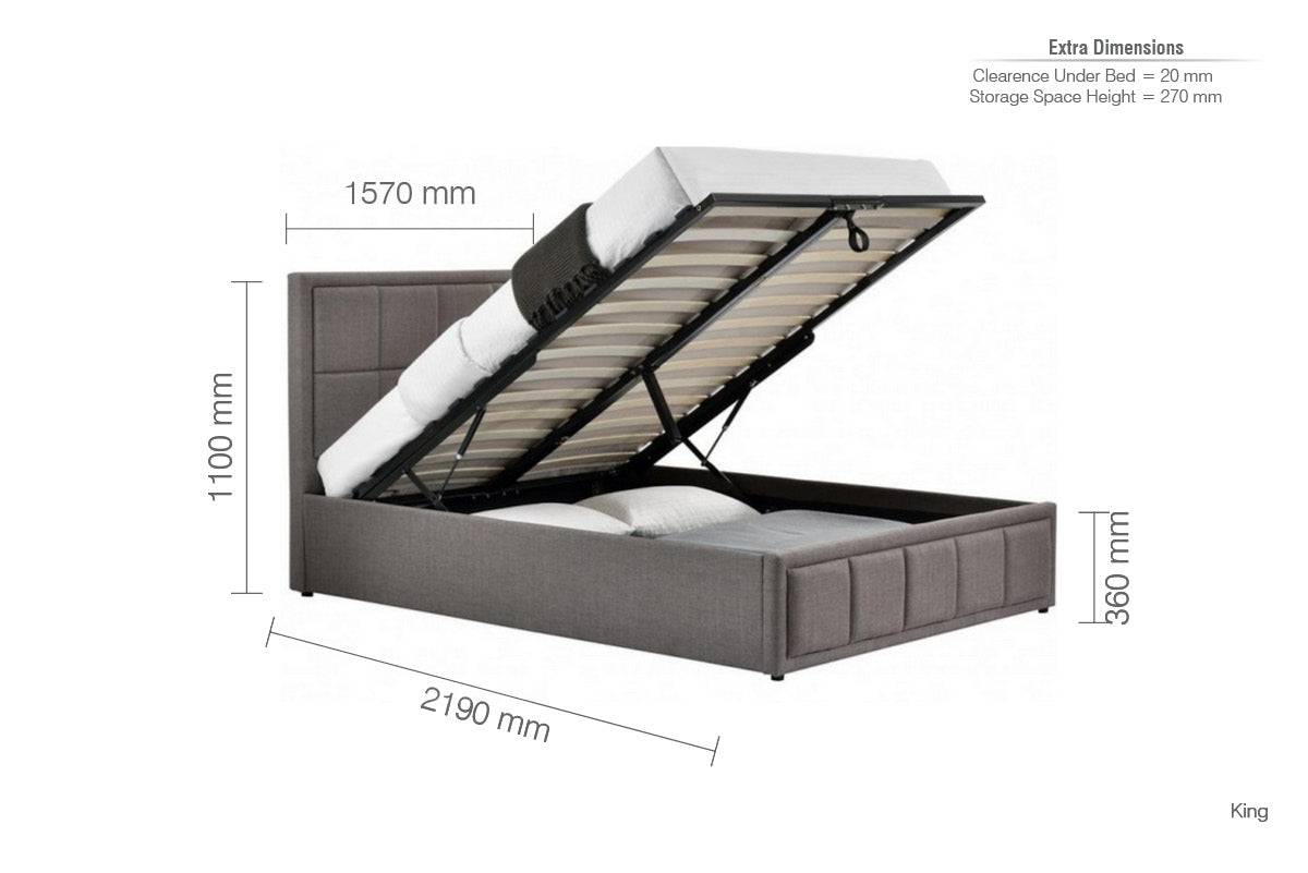 Hannover Grey Fabric King Ottoman Bed