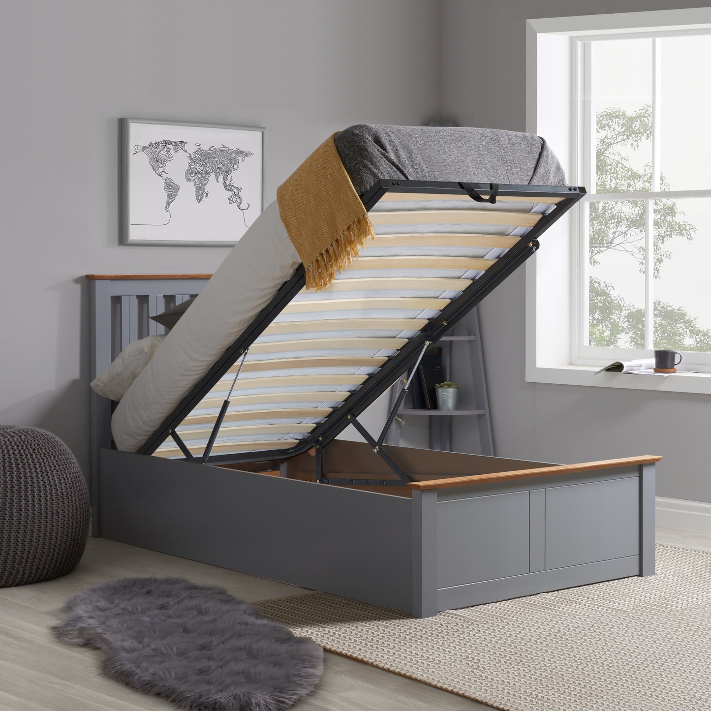 Pheonix Stone Grey Ottoman Storage Single Bed