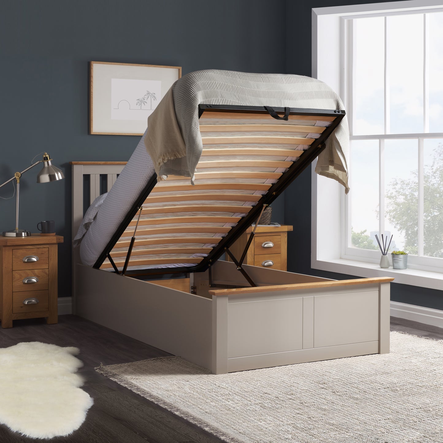 Pheonix Pearl Grey Ottoman Storage Single Bed