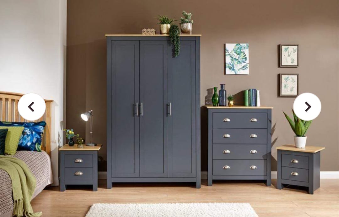 Highgate 4 Piece Bedroom Set Midnight Blue. 3 Door Wardrobe + 4 Drawer Chest + 2 X 2 Drawer Bedside