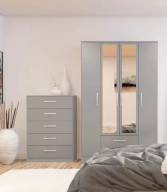 Lynx Grey Bed Room Set. 4 Door 2 Drawer Wardrobe with Mirrow + 5 Drawer Chest Set