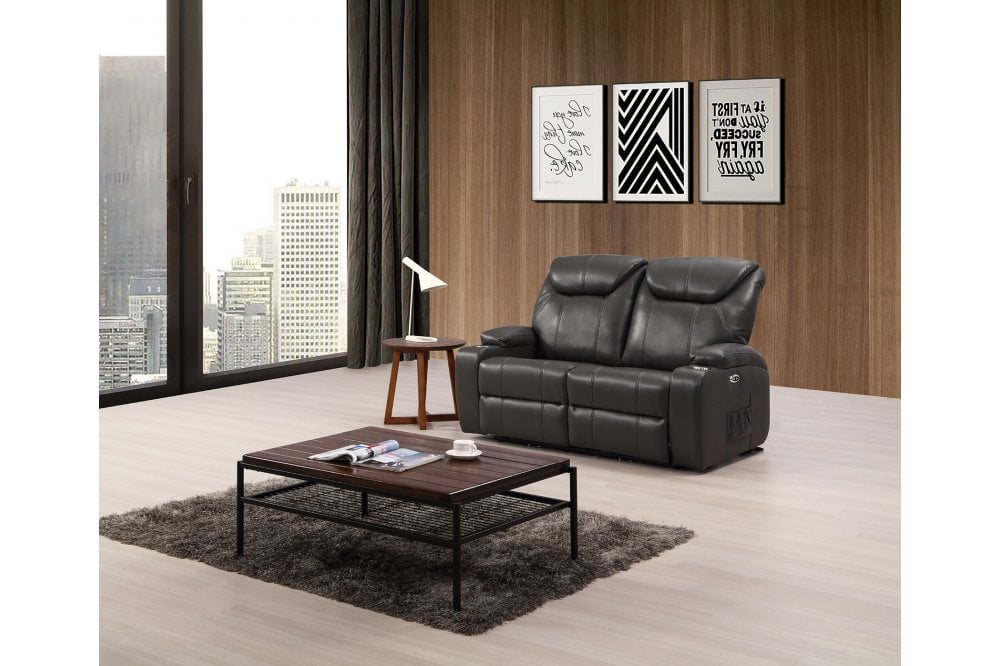Cinema Grey Electric Leather 3+2 Recliner Sofa Set With Two Cup Holders