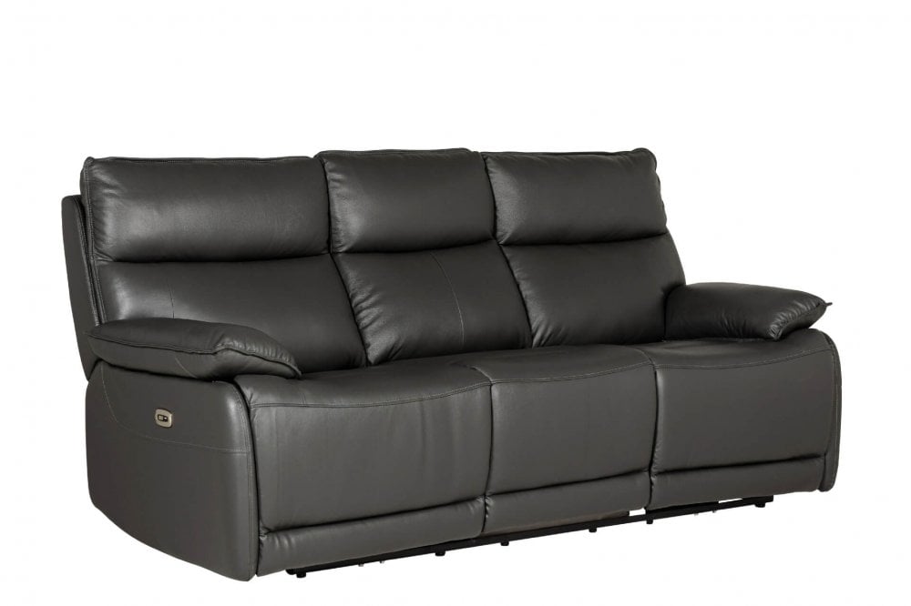 Turin Genuine Leather Grey Electric Power Recliner 3 Seater Sofa