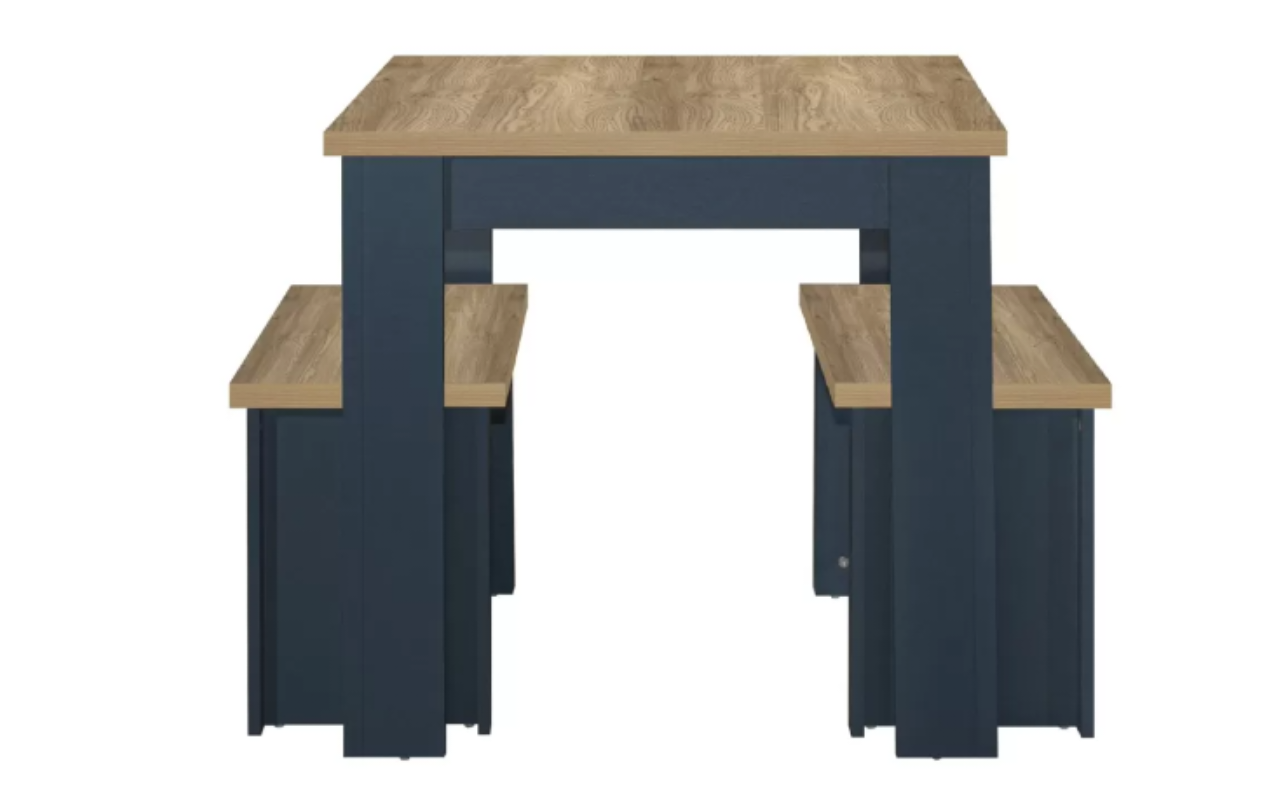 Highgate Dinning Table and Bench Set . Midnight Blue & Oak Effect