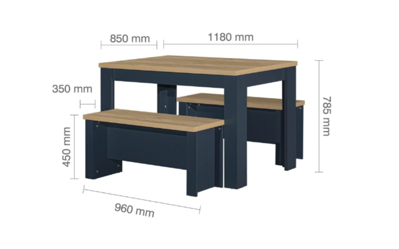 Highgate Dinning Table and Bench Set . Midnight Blue & Oak Effect