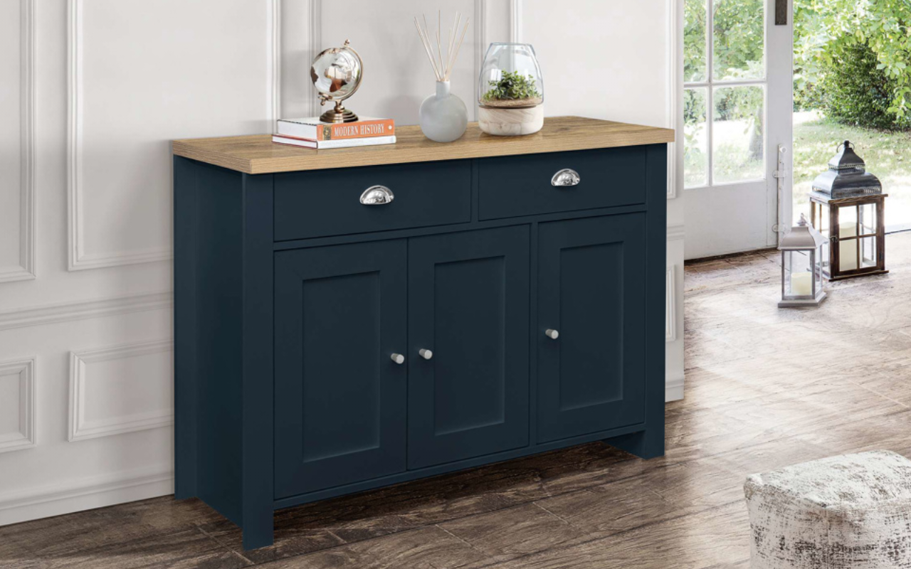 Highgate 3 Door 2 Drawer Sideboard : Midnight Blue & Oak Effect