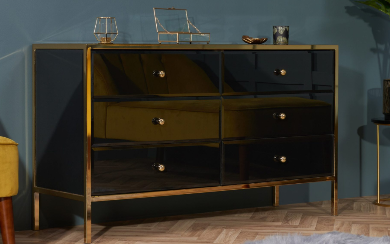 Fenwick 6 Drawer Chest & 4 Drawer Chest Set : Black & Gold - Glass
