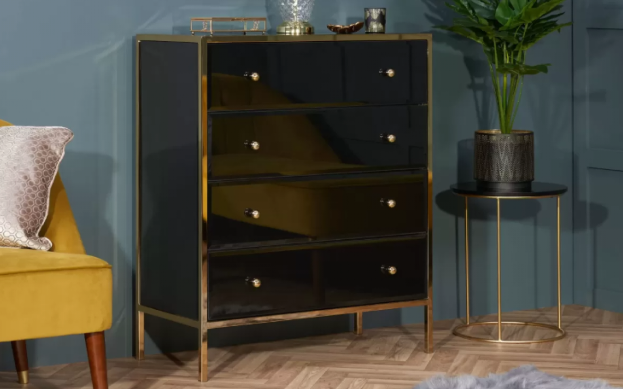 Fenwick 6 Drawer Chest & 4 Drawer Chest Set : Black & Gold - Glass
