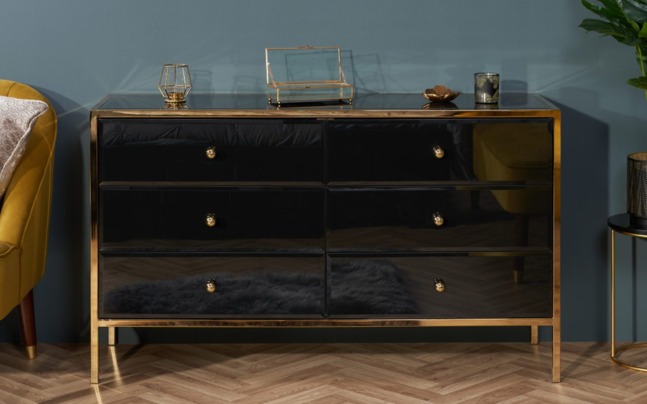 Fenwick 6 Drawer Chest & 4 Drawer Chest Set : Black & Gold - Glass