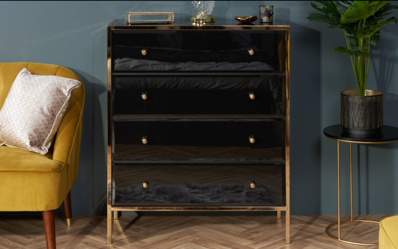 Fenwick 6 Drawer Chest & 4 Drawer Chest Set : Black & Gold - Glass