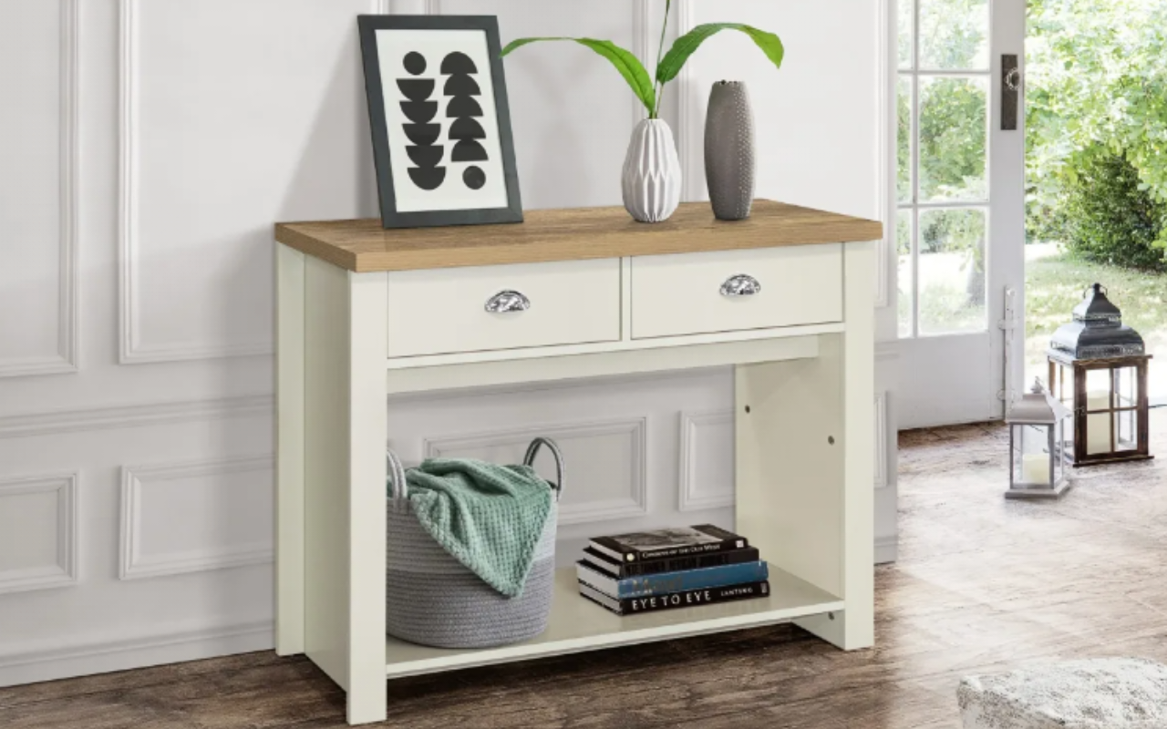 Highgate Living Room Set : Stone - MDP. Large TV Unit , 2 Drawer Coffee Table & 2 Drawer Console Table