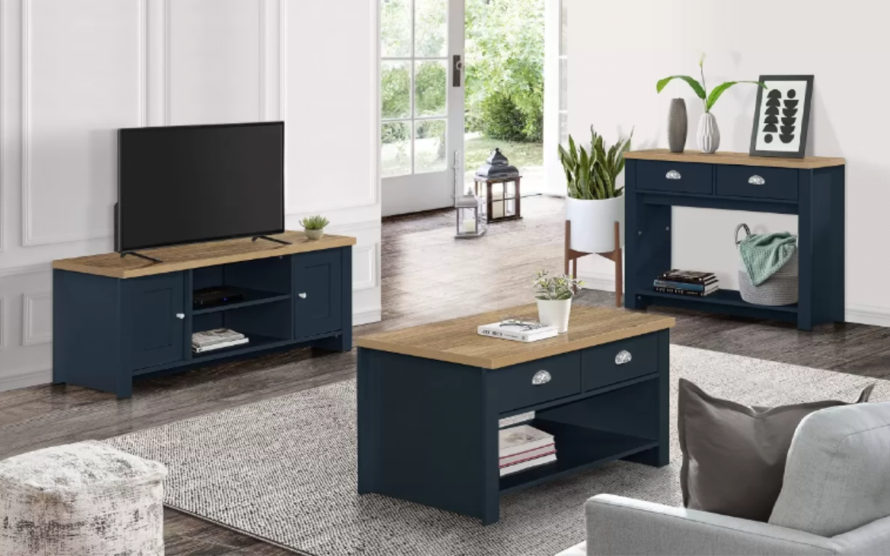 Highgate Living Room Set : Midnight Blue - MDP . Large TV Unit , 2 Drawer Coffee Table & 2 Drawer Console Table