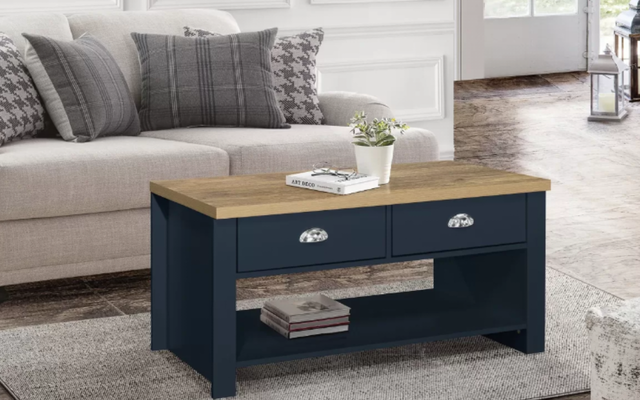 Highgate Living Room Set : Midnight Blue - MDP . Large TV Unit , 2 Drawer Coffee Table & 2 Drawer Console Table