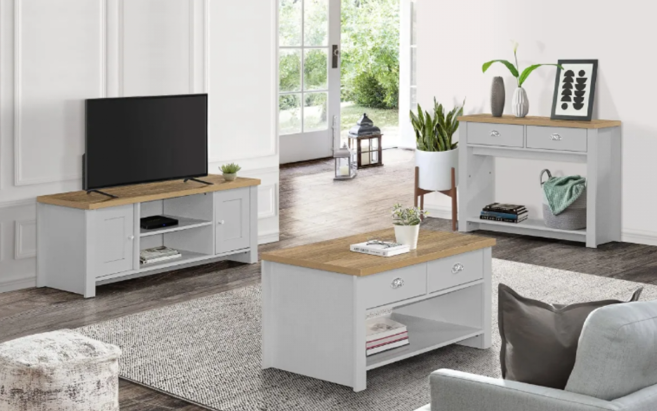 Highgate Living Room Set : Grey - MDP . Large TV Unit, 2 Drawer Coffee Table & 2 Drawer Console Table