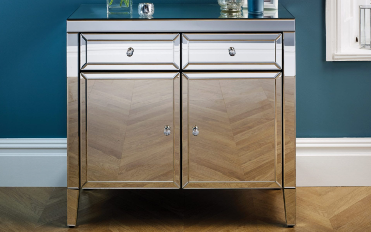 Valencia Living Room Set : Glass - Mirror . TV Unit , 2 Drawer 2 Door Sideboard & Coffe Table