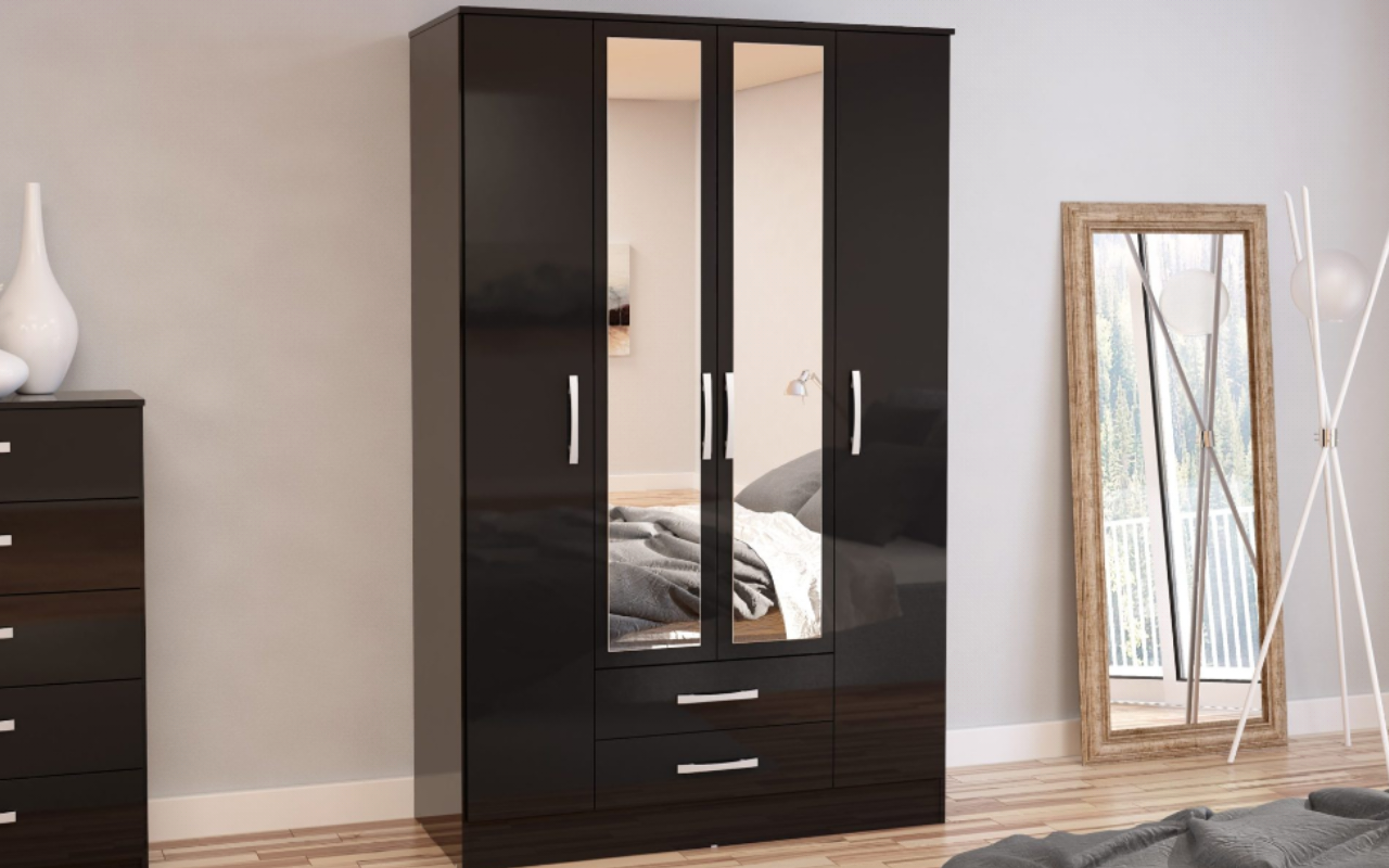 Lynx 4 Door 2 Drawer Wardrobe with Mirror + 5 Drawer Chest-Black