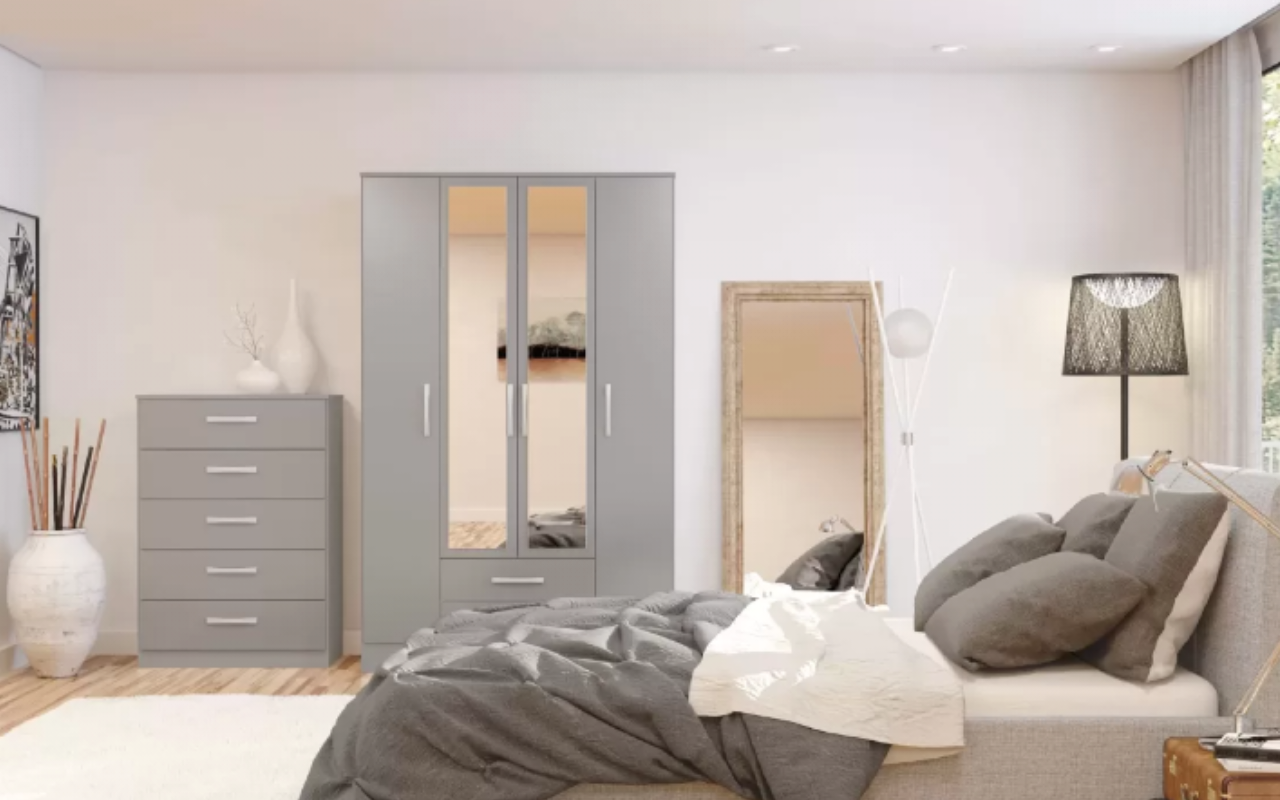 Lynx 4 Door 2 Drawer Wardrobe with Mirrow + 5 Drawer Chest Set
