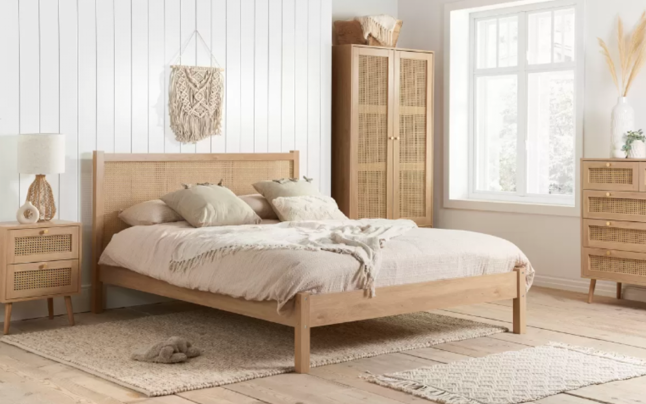 Croxley Rattan Bedroom Set : Oak 2 Door 1 Drawer Wardrobe , 5 Drawer Chest & 2 Drawer Bedside Set