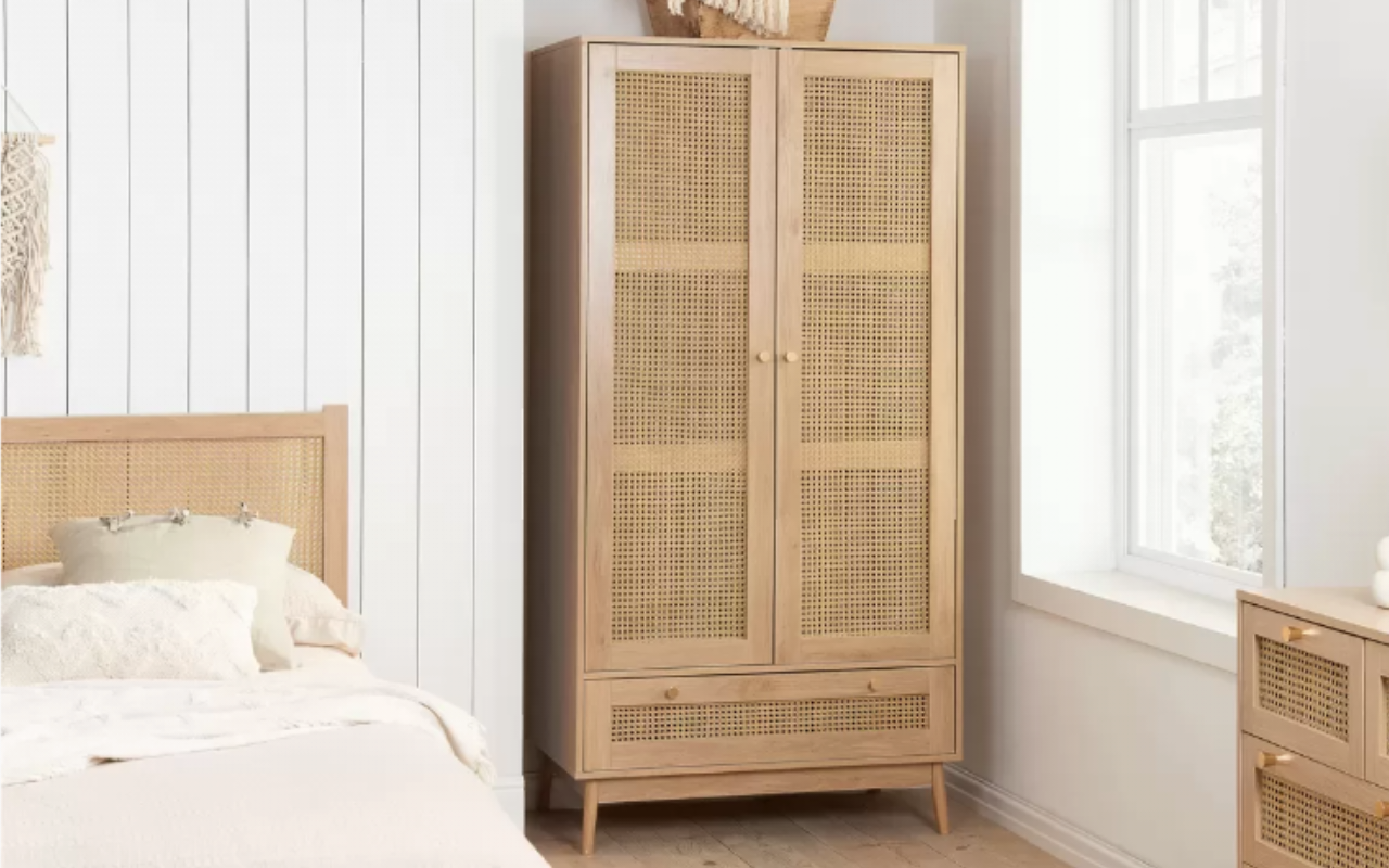 Croxley Rattan Bedroom Set : Oak 2 Door 1 Drawer Wardrobe , 5 Drawer Chest & 2 Drawer Bedside Set