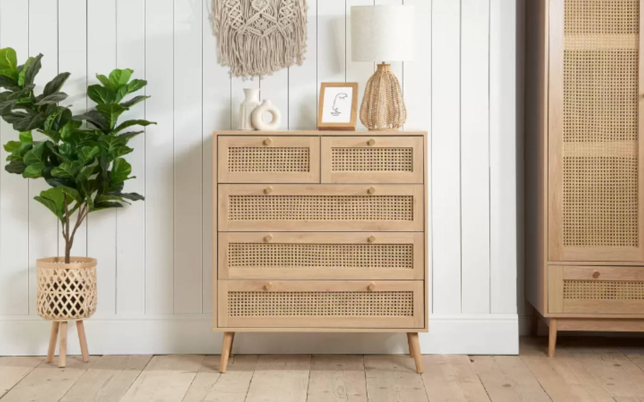 Croxley Rattan Bedroom Set : Oak 2 Door 1 Drawer Wardrobe , 5 Drawer Chest & 2 Drawer Bedside Set