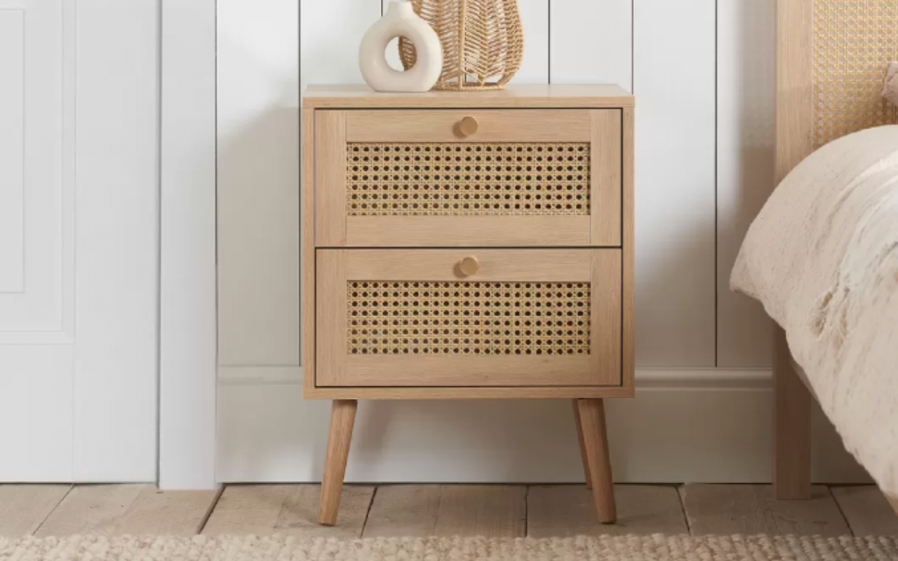 Croxley Rattan Bedroom Set : Oak 2 Door 1 Drawer Wardrobe , 5 Drawer Chest & 2 Drawer Bedside Set
