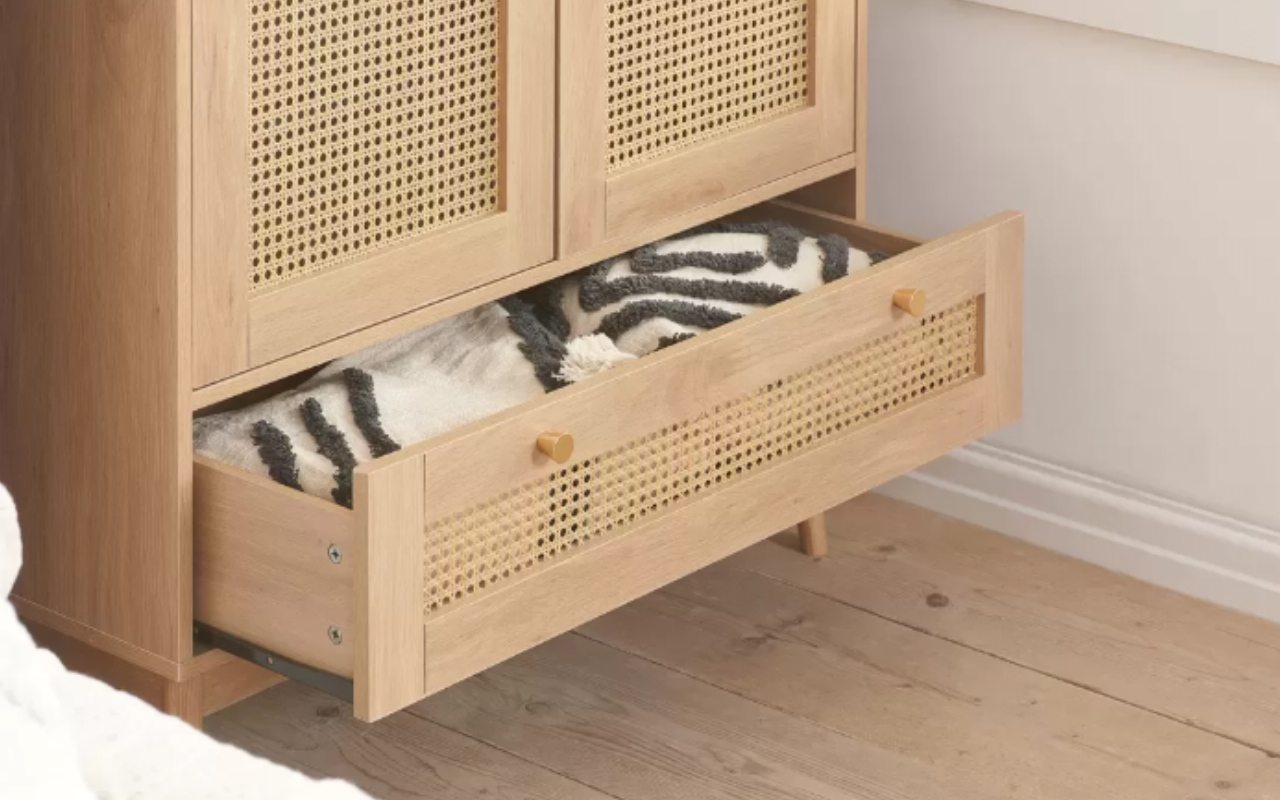 Croxley Rattan Bedroom Set : Oak 2 Door 1 Drawer Wardrobe , 5 Drawer Chest & 2 Drawer Bedside Set