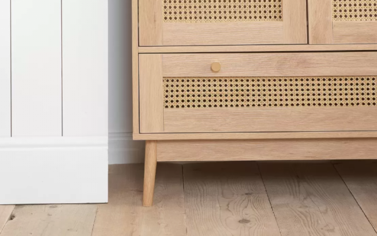 Croxley Rattan Bedroom Set : Oak 2 Door 1 Drawer Wardrobe , 5 Drawer Chest & 2 Drawer Bedside Set
