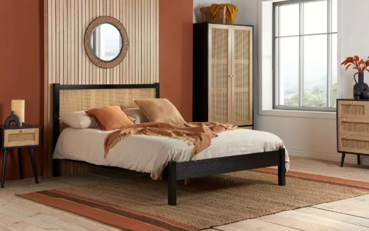 Croxley Rattan Bedroom Set : Oak & Black . 2 Door 1 Drawer Wardrobe , 5 Drawer Chest & 1 Drawer Bedside Set
