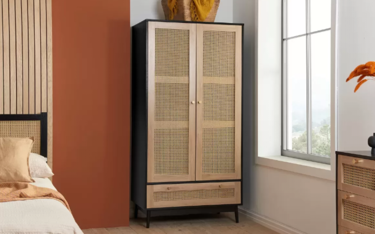 Croxley Rattan Bedroom Set : Oak & Black . 2 Door 1 Drawer Wardrobe , 5 Drawer Chest & 1 Drawer Bedside Set