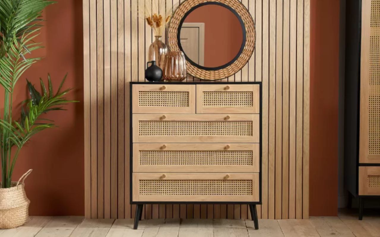Croxley Rattan Bedroom Set : Oak & Black . 2 Door 1 Drawer Wardrobe , 5 Drawer Chest & 1 Drawer Bedside Set