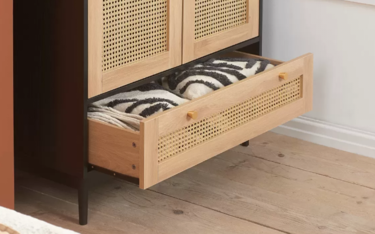 Croxley Rattan Bedroom Set : Oak & Black . 2 Door 1 Drawer Wardrobe , 5 Drawer Chest & 1 Drawer Bedside Set