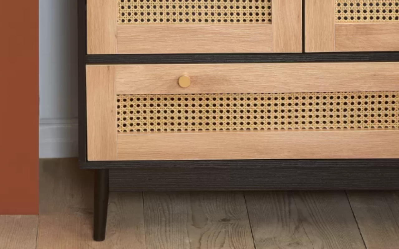 Croxley Rattan Bedroom Set : Oak & Black . 2 Door 1 Drawer Wardrobe , 5 Drawer Chest & 1 Drawer Bedside Set