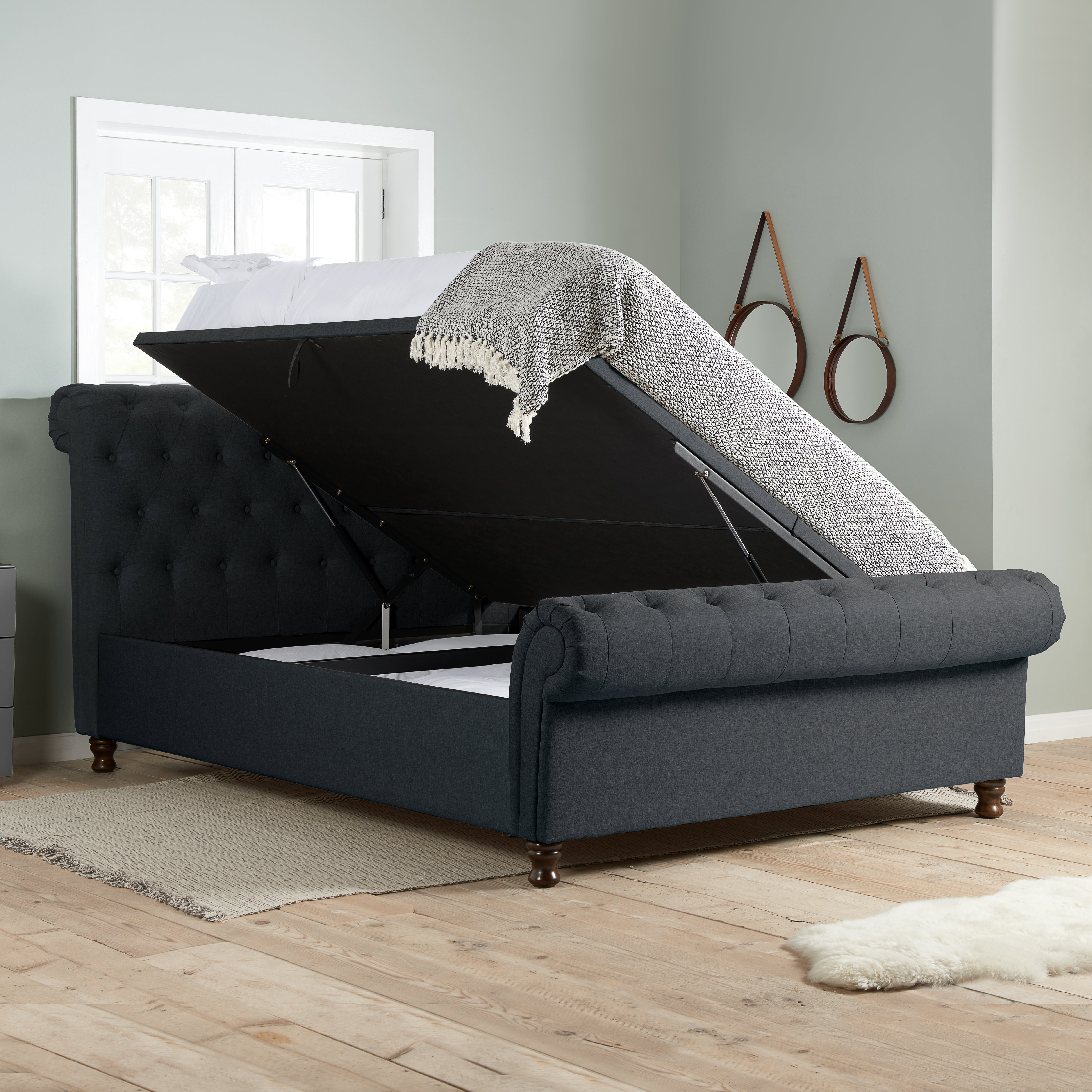 Castello Charcoal   Side Ottoman Super King  Bed
