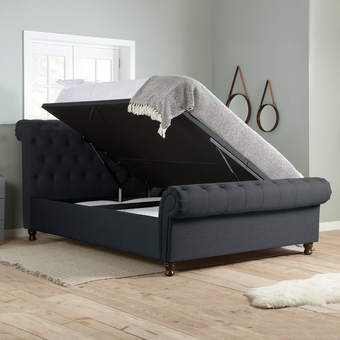 Castello Charcoal Side Ottoman Double  Bed