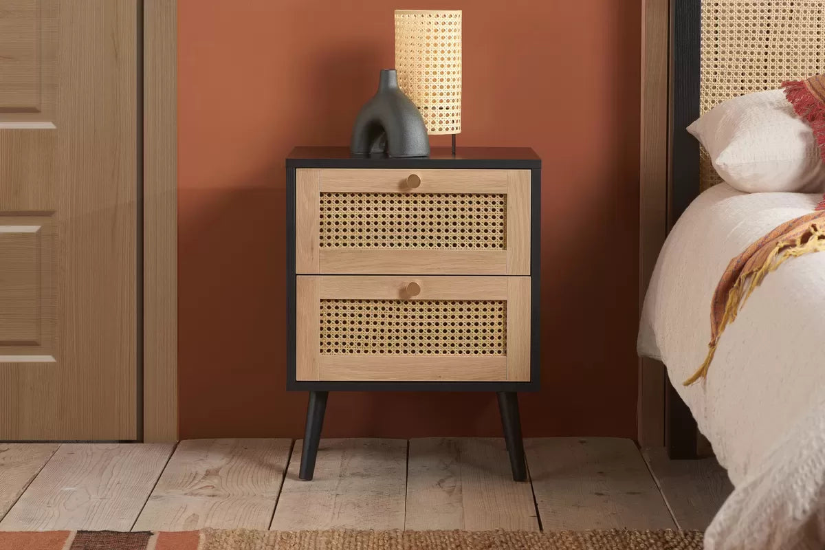 Croxley Black 2 Drawer Rattan Bedside