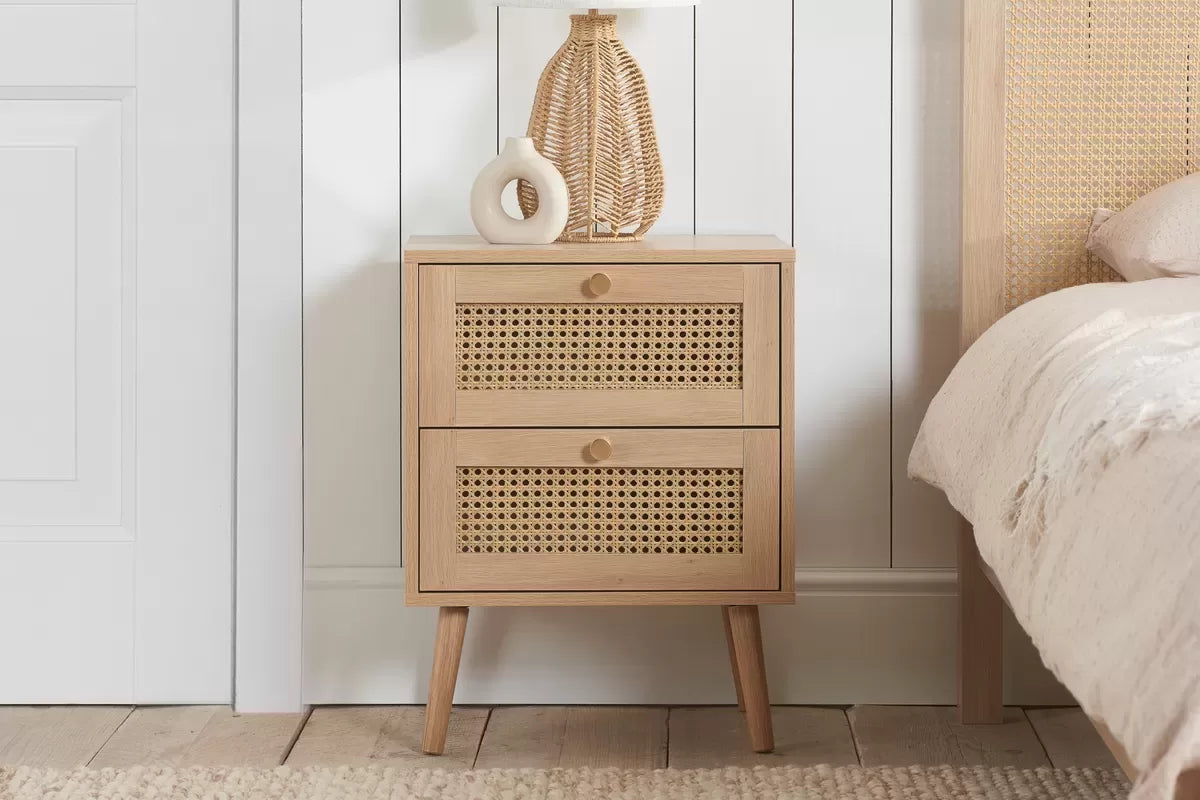 Croxley Oak 2 Drawer Rattan Bedside