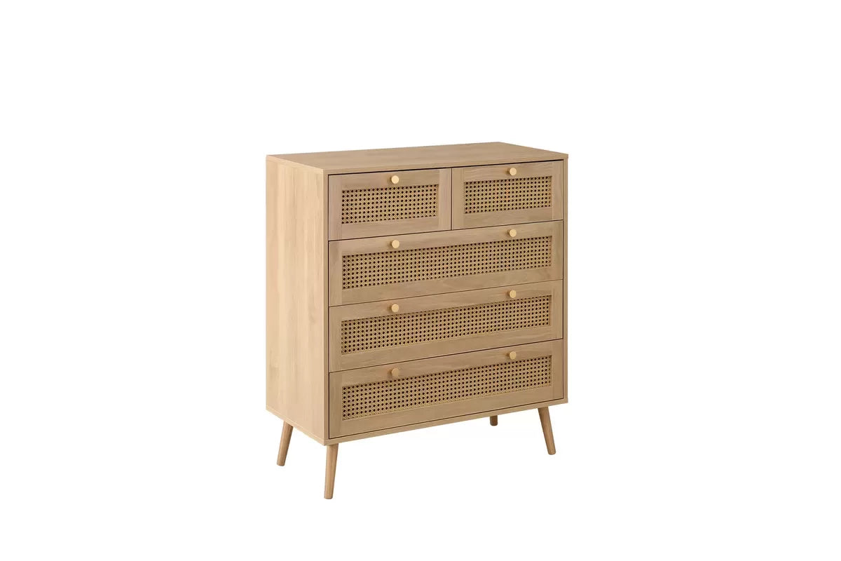 Croxley Oak 5 Drawer Rattan Chest