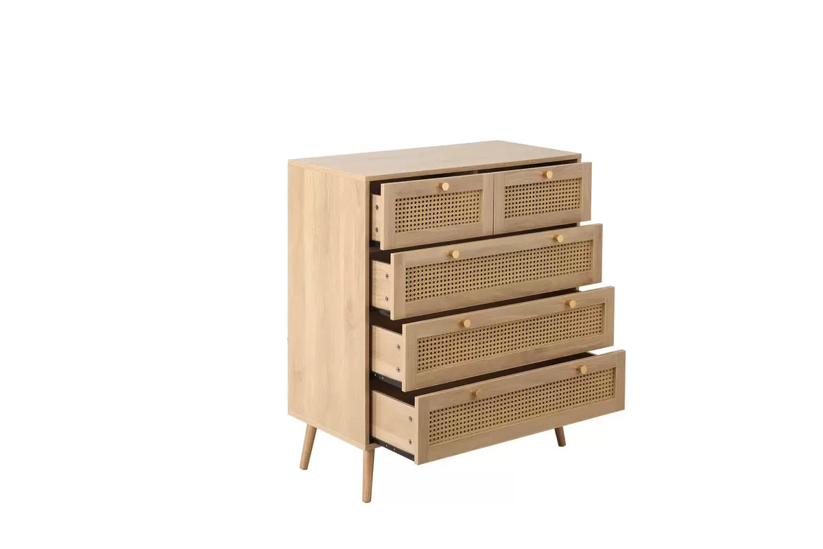 Croxley Oak 5 Drawer Rattan Chest