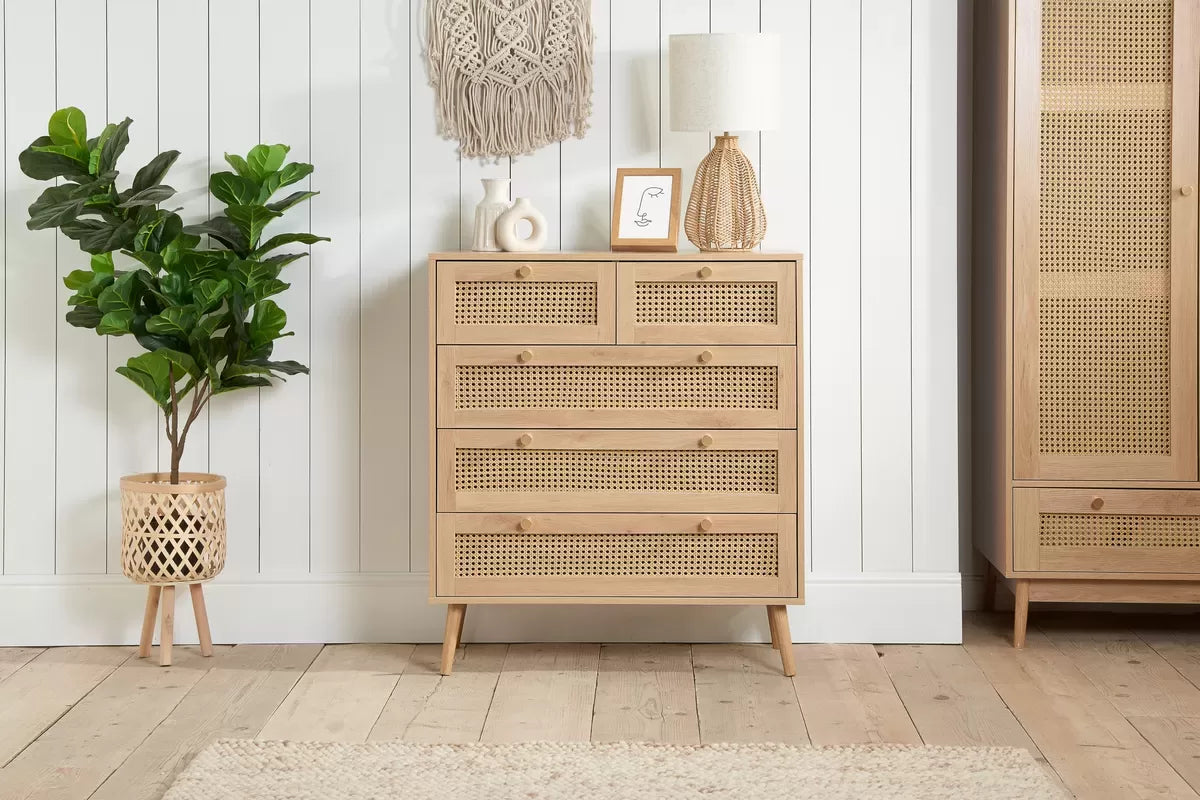 Croxley Oak 5 Drawer Rattan Chest