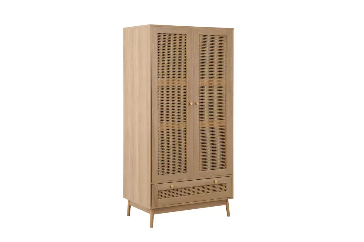 Croxley Oak 2 Door 1 Drawer Rattan Wardrobe