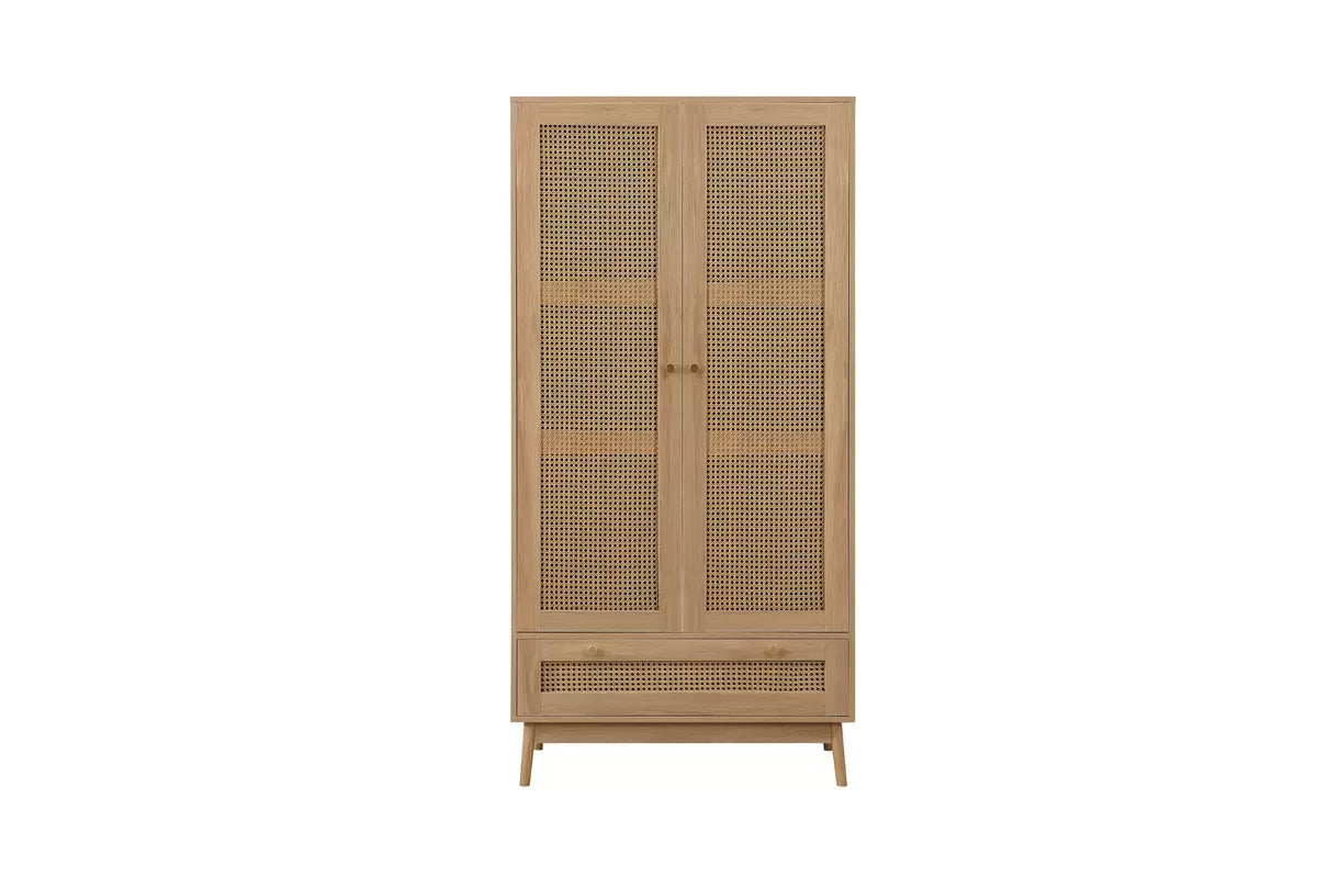 Croxley Oak 2 Door 1 Drawer Rattan Wardrobe