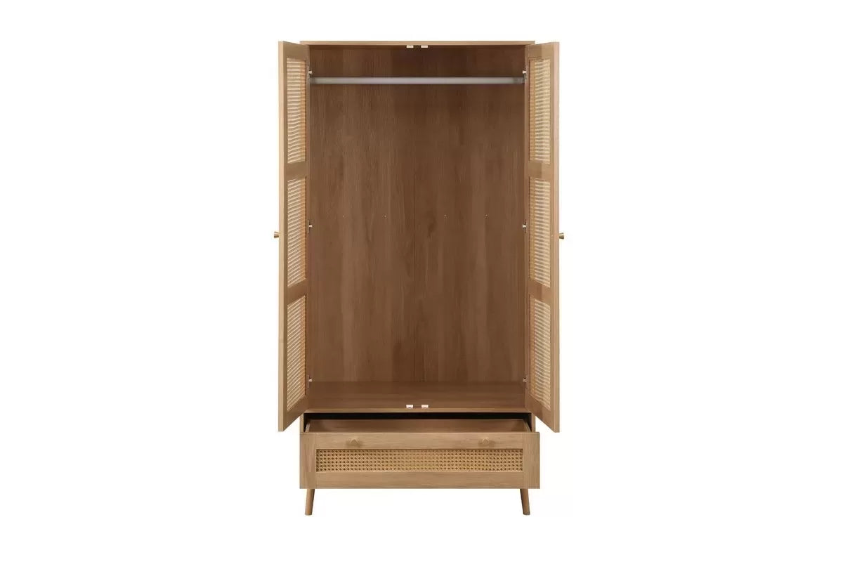 Croxley Oak 2 Door 1 Drawer Rattan Wardrobe