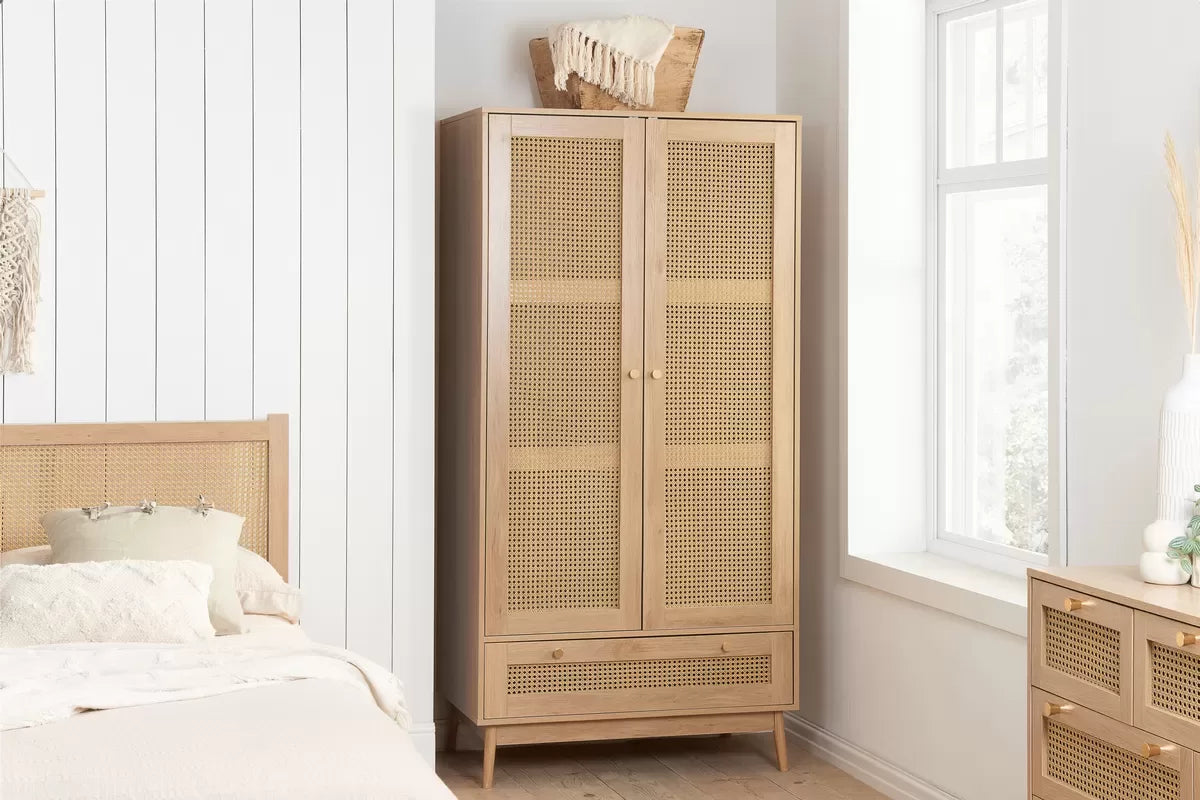 Croxley Oak 2 Door 1 Drawer Rattan Wardrobe