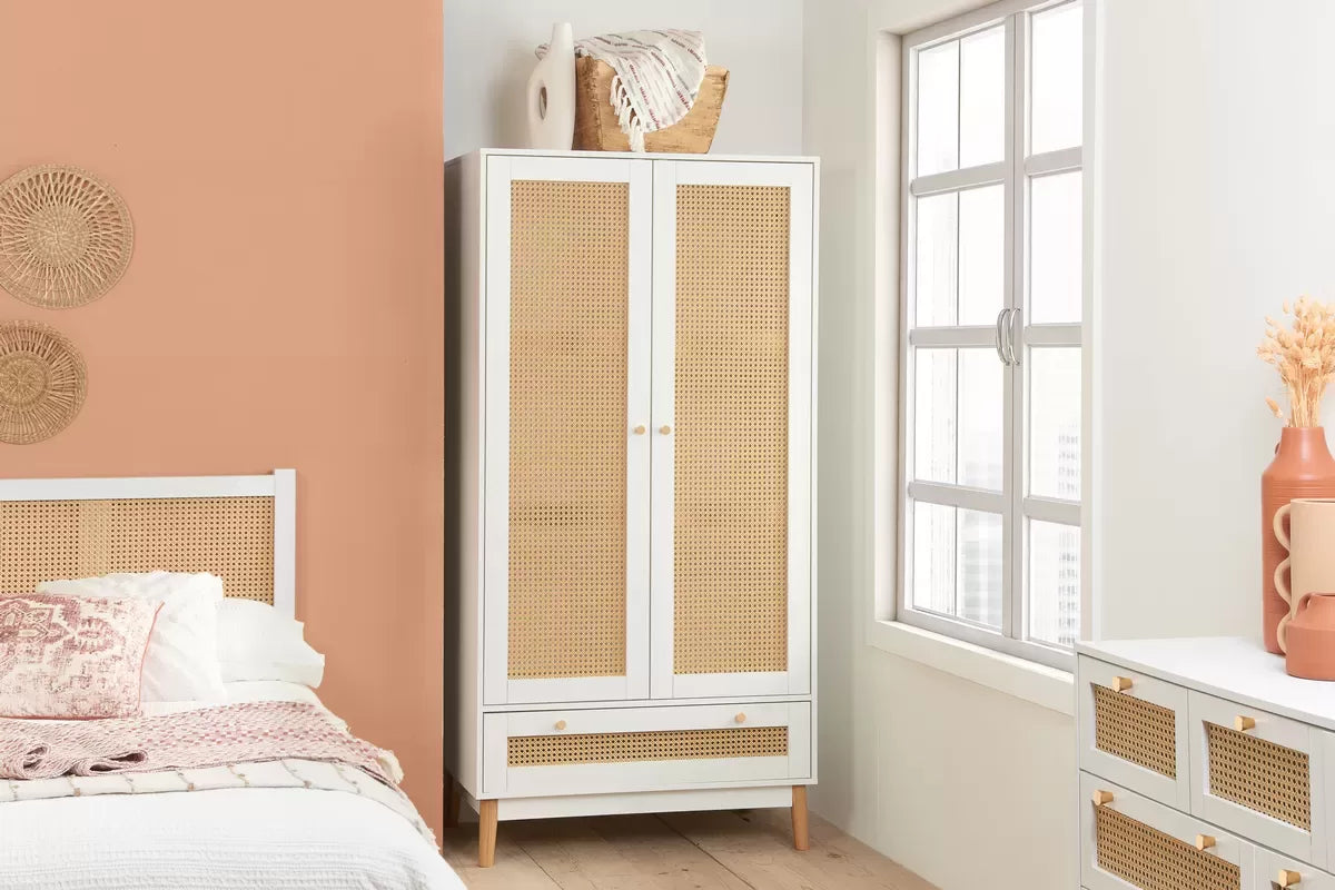 Croxley White 2 Door 1 Drawer Rattan Wardrobe