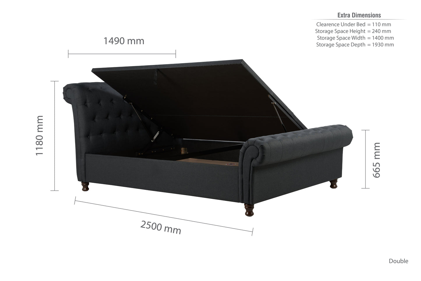 Castello Charcoal Side Ottoman Double  Bed